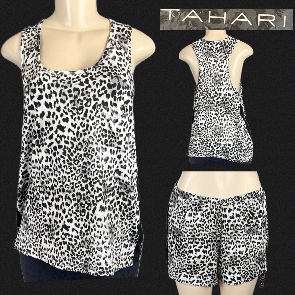 Tahari Womens Leopard Print 2 PC Lounge Set Tank Top and Shorts White Black L